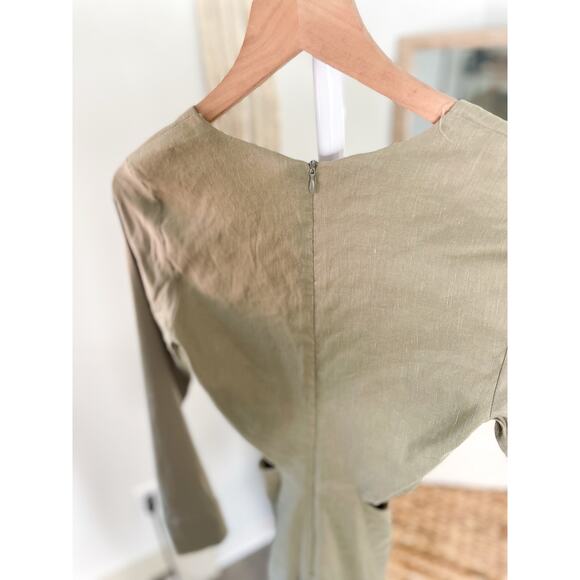 Zara Linen Cut Out Long Sleeve Dress XS Olive Green Cutout Deep Plunge V Neck - Picture 8 of 10